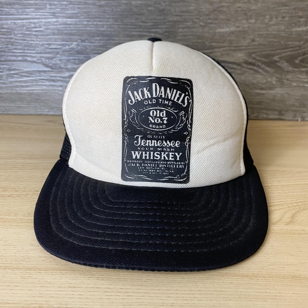 Vintage Jack Daniels Hat Cap Snap Back Large Black White Mesh Trucker 80s